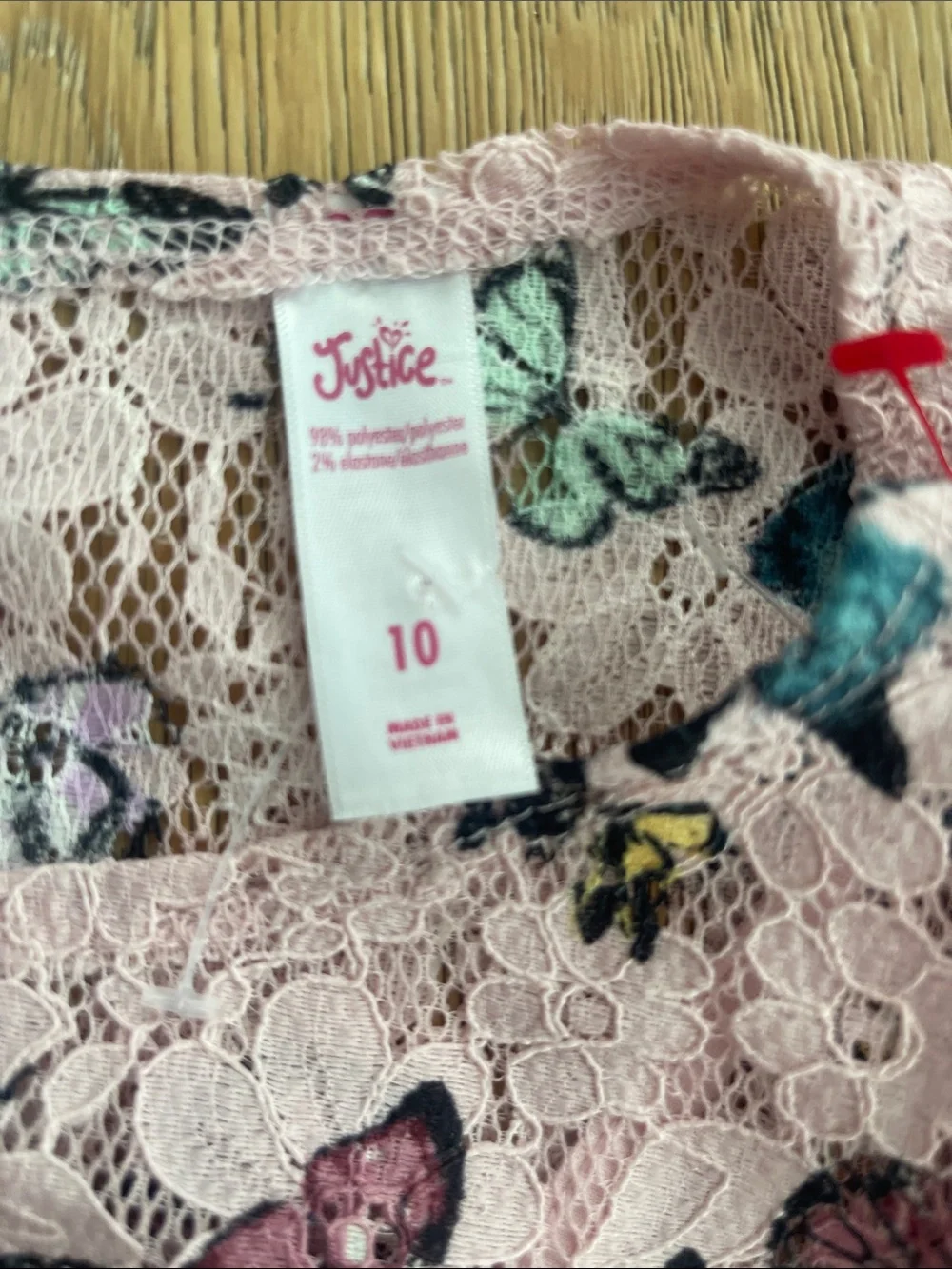 Justice Pink Lace Top with Teal and Purple Butterfly Print